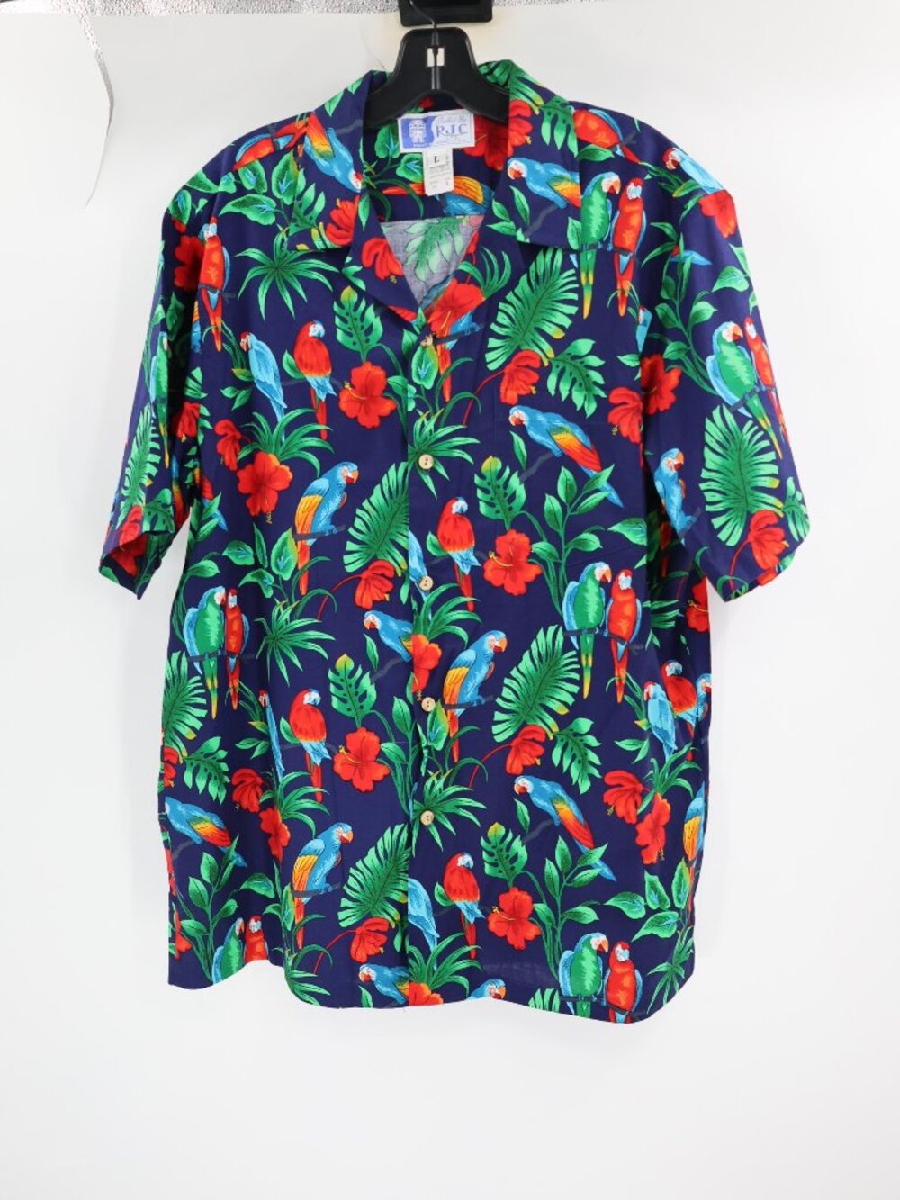 RJC Hawaiian Shirt Mens Large Cotton Parrots Floral Print Short Sleeve Button Up - Picture 2 of 10